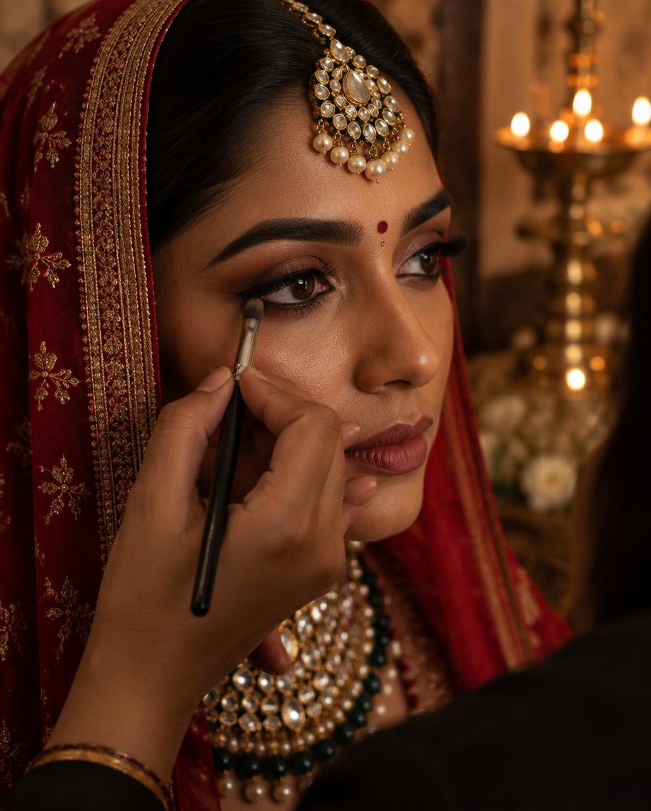 Indian bridal eye makeup finished beside warm ceremonial lamps