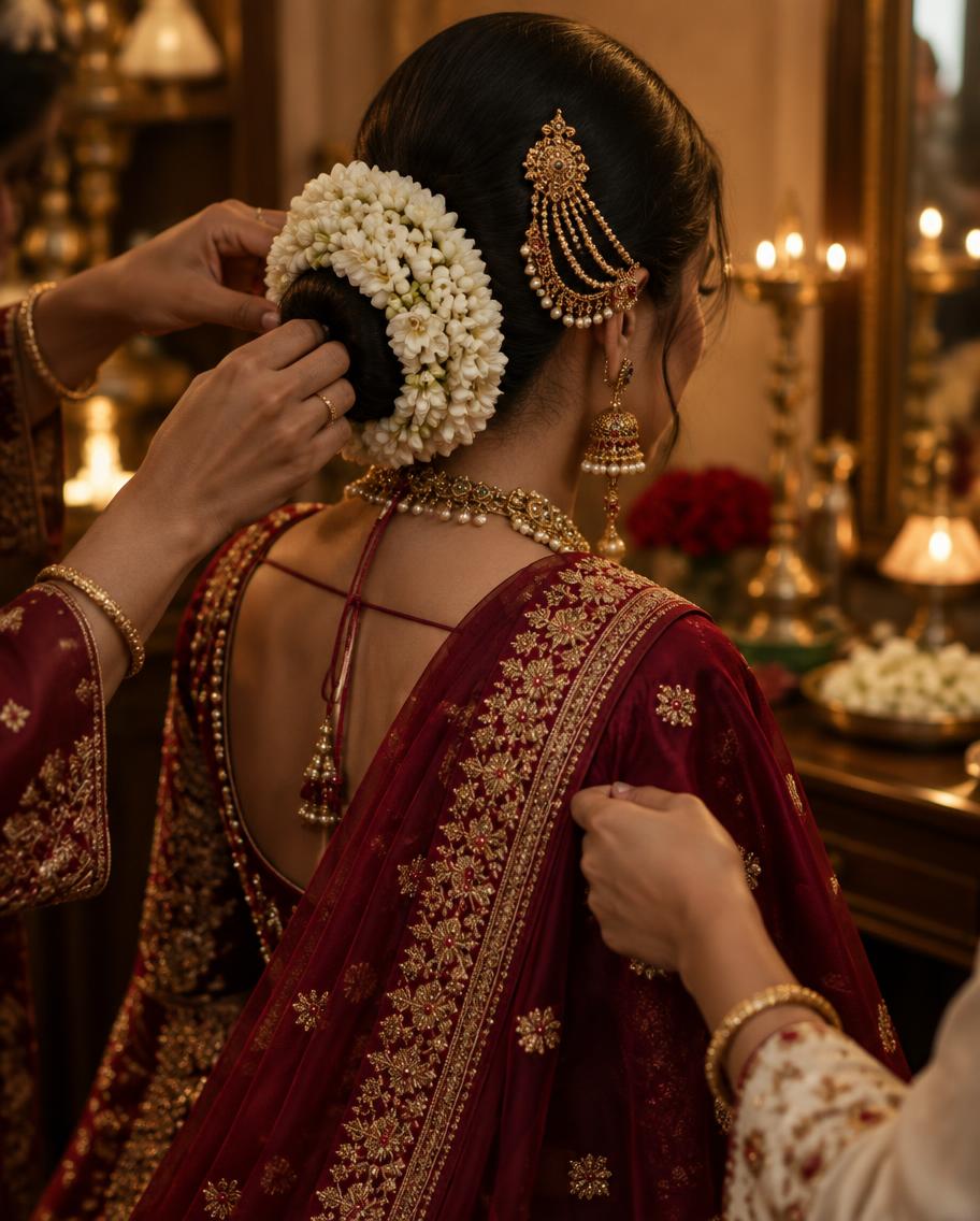 Traditional bridal bun dressed with jasmine and antique jewellery