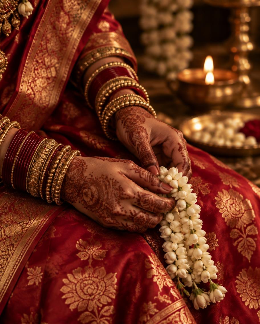 Mehendi-covered bridal hands with bangles and jasmine on red silk